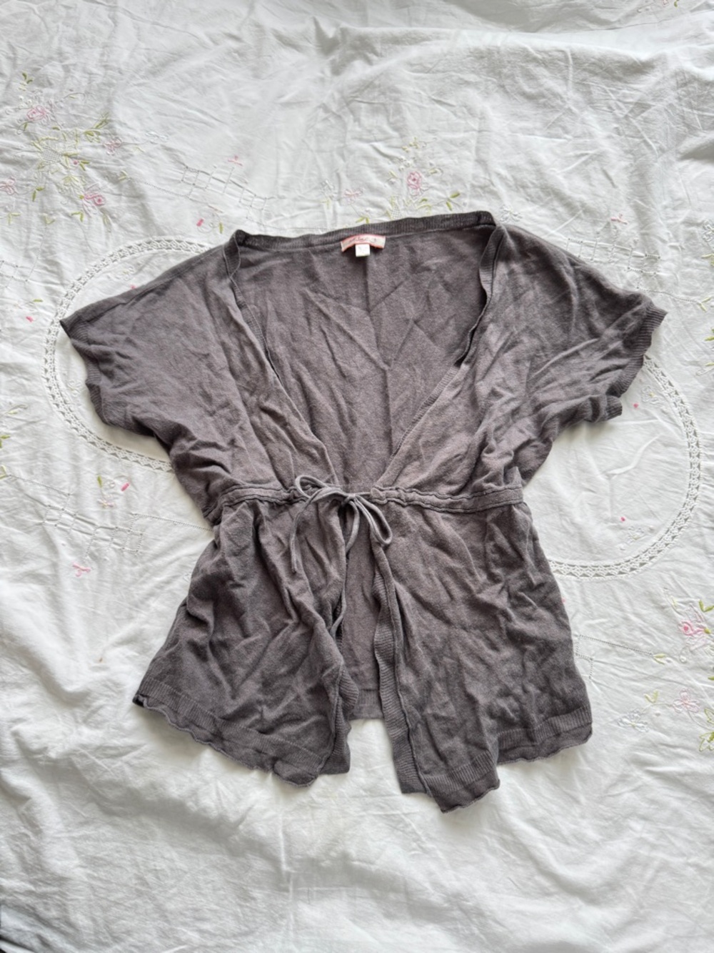 Lux Short Sleeve Tie-Waist Cardigan - Gray Size S